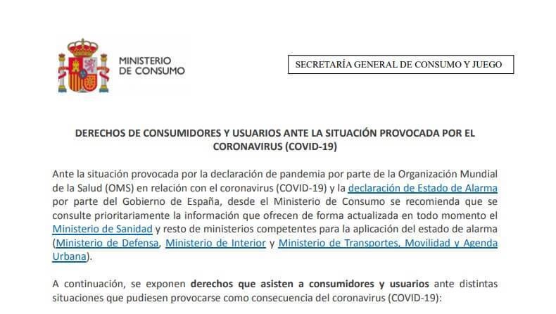 Derechos de consumidores y usuarios ante la situacion provocada por el coronavirus COVID 19