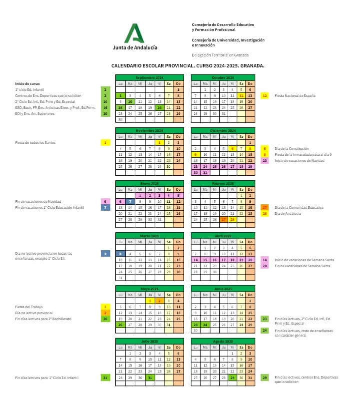 Calendario escolar 2024/2025 en Andalucía 🗓️ 🏕️☀️